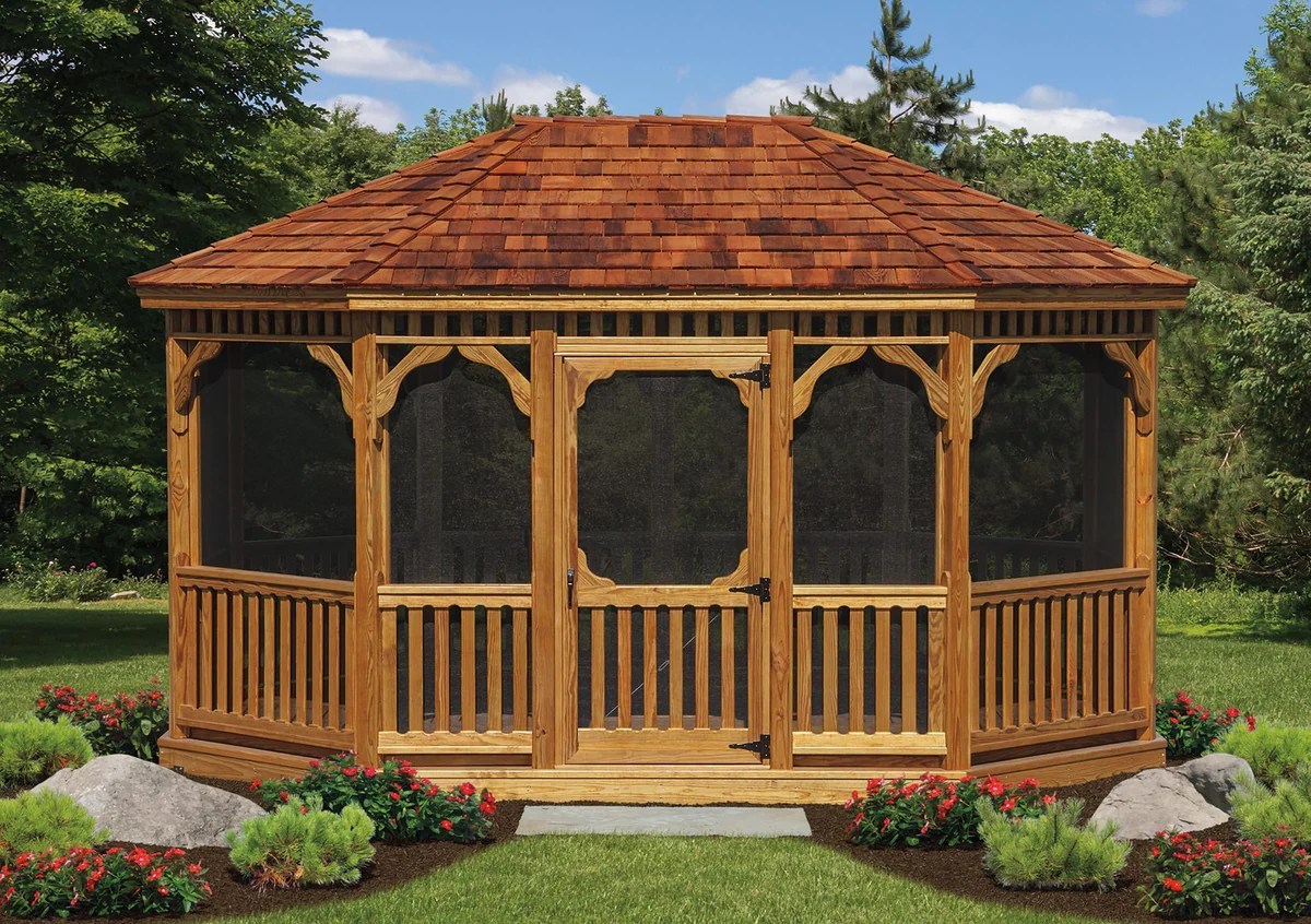 Roof octagon cedar gazebo gazebos shake single shingles red cupola curved gazebocreations style benches set full material options